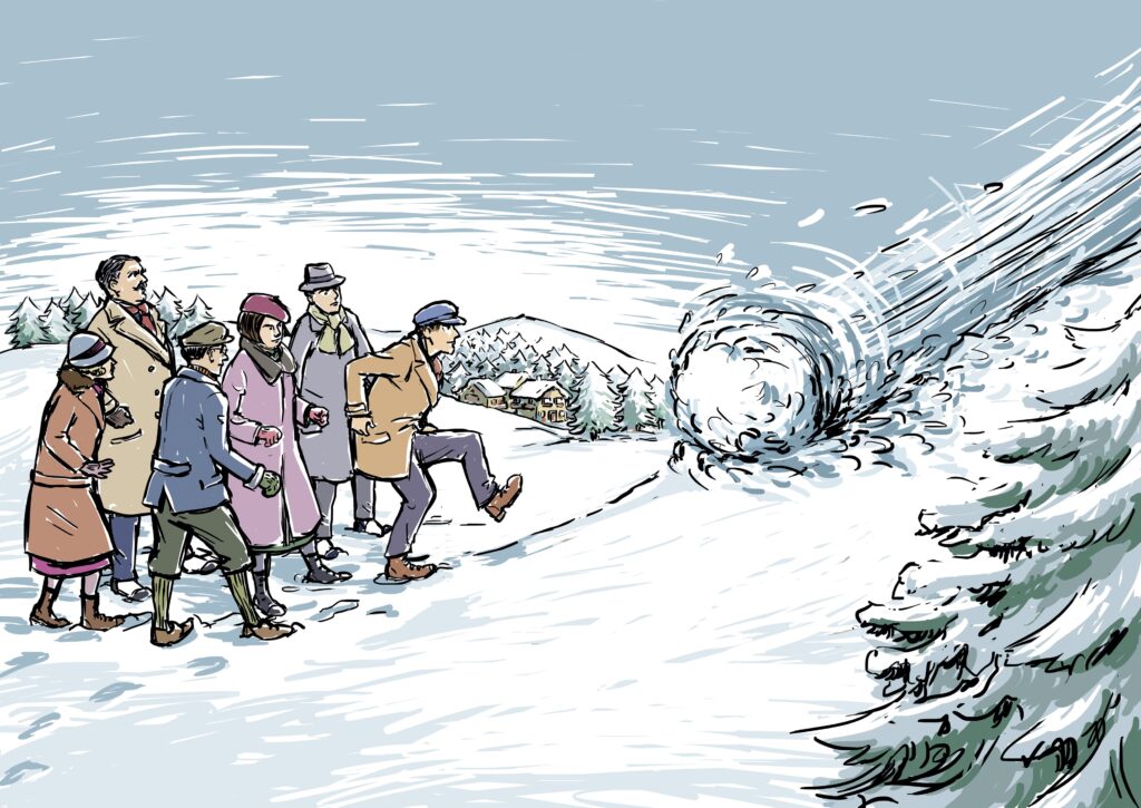 Eine Gruppe von Menschen in Wintermänteln und -mützen steht auf einem verschneiten Hügel und beobachtet, wie ein riesiger Schneeball auf einen Wald zurollt, während im Hintergrund Berge und ein Dorf zu sehen sind.