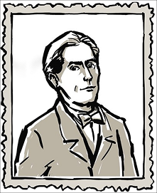 Eine Schwarz-Weiß-Skizze einer Person in Anzug und Fliege, mit kurzen Haaren, umrahmt von einem gezackten Rand. Die Person blickt leicht zur Seite. Eine Schwarz-Weiß-Skizze einer Person in Anzug und Fliege, mit kurzen Haaren, umrahmt von einem gezackten Rand. Die Person blickt leicht zur Seite.