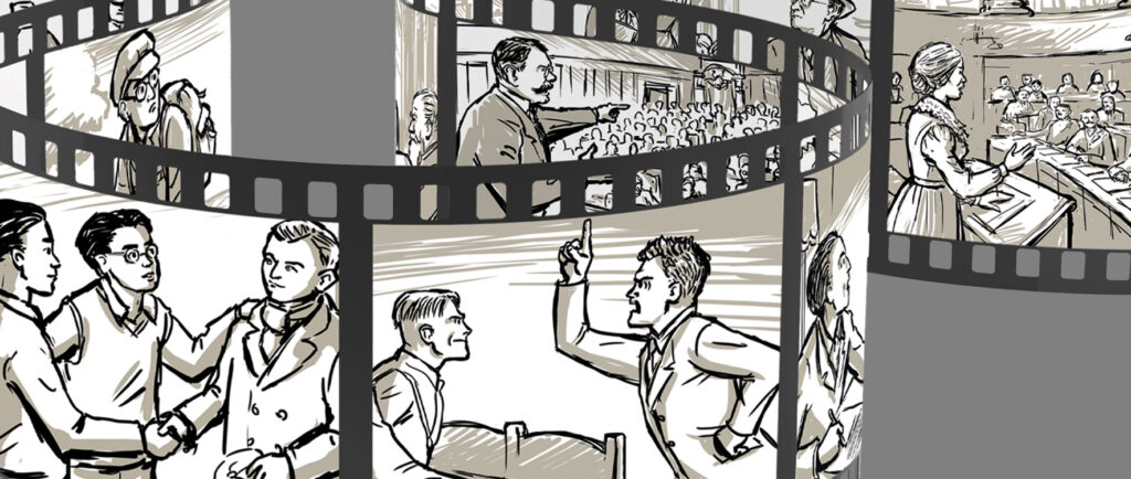 Eine Schwarz-Weiß-Illustration von Filmstreifen, die Szenen zeigen, in denen Menschen debattieren, sich die Hände schütteln, vor Publikum sprechen und Reden in einem formellen Rahmen halten.