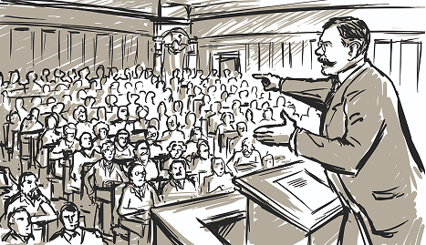 Eine Skizze zeigt einen Mann, der auf einem Podium leidenschaftlich zu einem großen Publikum spricht, das in Reihen sitzt und in einem großen Saal aufmerksam zuhört. Eine Skizze zeigt einen Mann, der auf einem Podium leidenschaftlich zu einem großen Publikum spricht, das in Reihen sitzt und in einem großen Saal aufmerksam zuhört.
