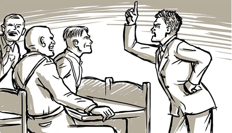 Ein Mann im Anzug steht mit einer Hand in der Hüfte und hebt den Finger, während er mit drei sitzenden Männern streitet, die aufmerksam zuzuhören scheinen. Die Szene wirkt angespannt und belebt. Ein Mann im Anzug steht mit einer Hand in der Hüfte und hebt den Finger, während er mit drei sitzenden Männern streitet, die aufmerksam zuzuhören scheinen. Die Szene wirkt angespannt und belebt.