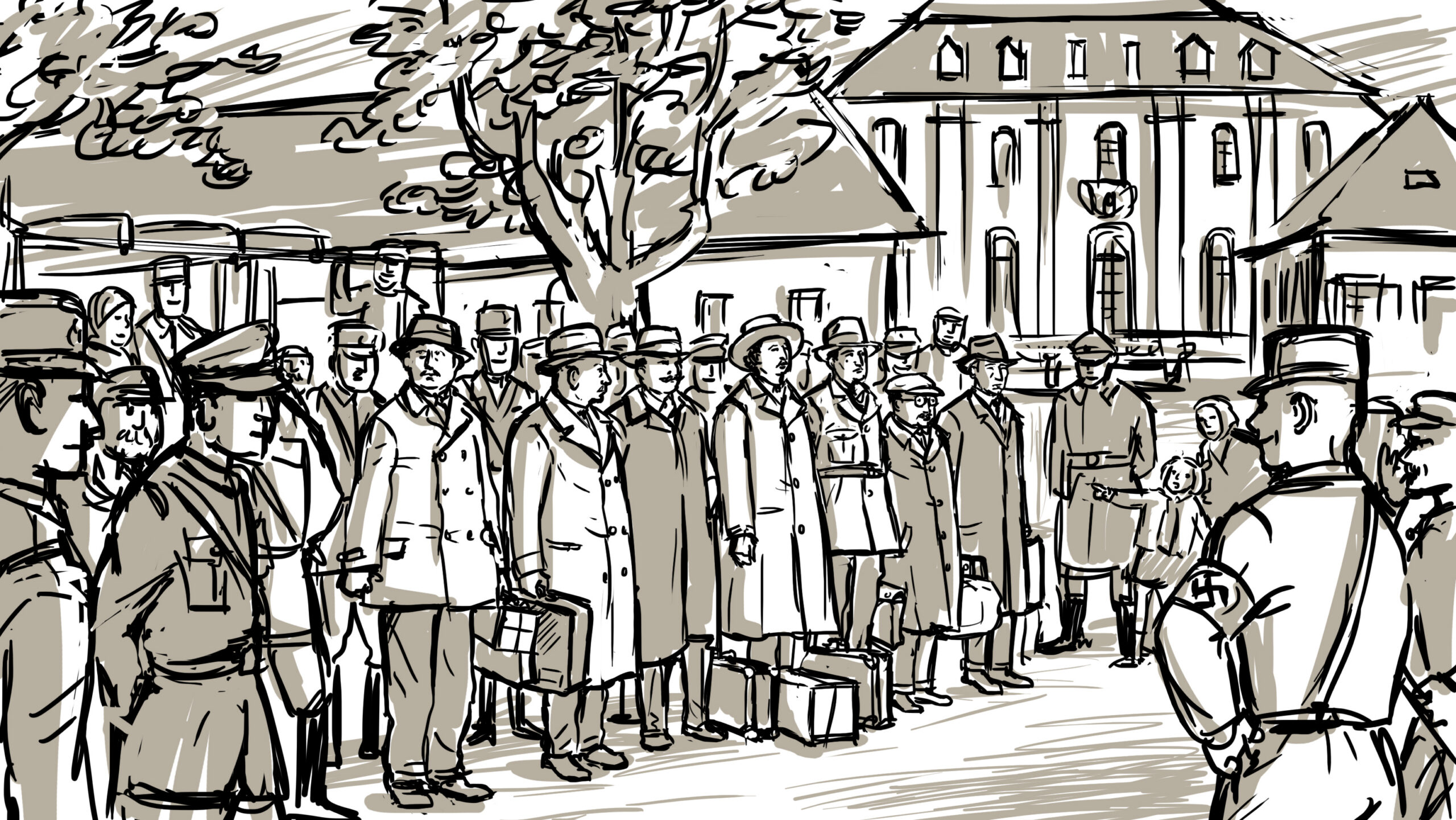 Eine Schwarz-Weiß-Skizze zeigt eine Gruppe von Menschen mit Gepäck, die vor einem großen Gebäude Schlange stehen. Uniformierte Nazi-Offiziere, einige mit Armbinden, sind anwesend und schaffen eine Atmosphäre der Spannung und Angst. Eine Schwarz-Weiß-Skizze zeigt eine Gruppe von Menschen mit Gepäck, die vor einem großen Gebäude Schlange stehen. Uniformierte Nazi-Offiziere, einige mit Armbinden, sind anwesend und schaffen eine Atmosphäre der Spannung und Angst.