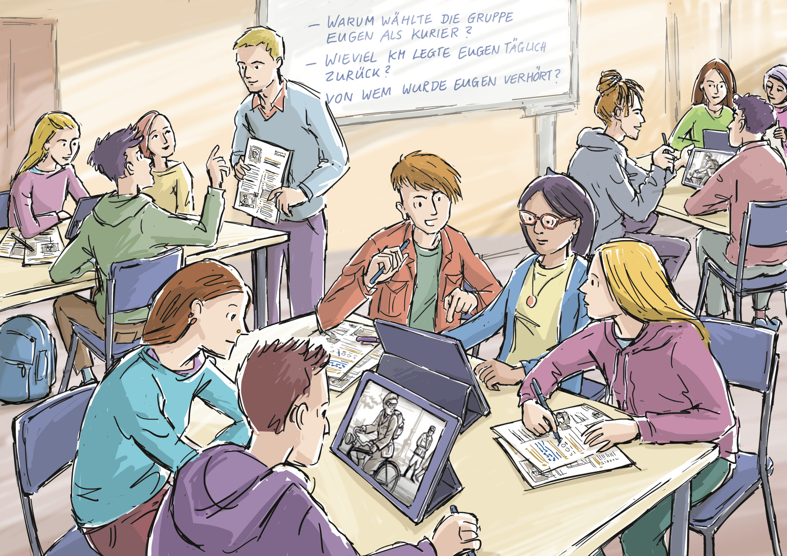 Eine Klassenzimmerszene mit Schülern, die in Gruppen an Tischen arbeiten und Tablets und Arbeitsblätter benutzen. Ein Lehrer steht an einer Tafel mit handgeschriebenen Fragen auf Deutsch. Die Atmosphäre ist kooperativ und konzentriert. Eine Klassenzimmerszene mit Schülern, die in Gruppen an Tischen arbeiten und Tablets und Arbeitsblätter benutzen. Ein Lehrer steht an einer Tafel mit handgeschriebenen Fragen auf Deutsch. Die Atmosphäre ist kooperativ und konzentriert.