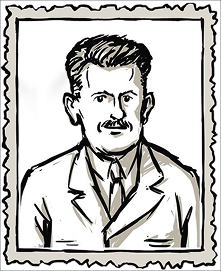 Schwarz-Weiß-Skizze eines Mannes mit kurzem, gestyltem Haar und Schnurrbart, der Anzug und Krawatte trägt, eingerahmt von einem gezackten Rand. Schwarz-Weiß-Skizze eines Mannes mit kurzem, gestyltem Haar und Schnurrbart, der Anzug und Krawatte trägt, eingerahmt von einem gezackten Rand.