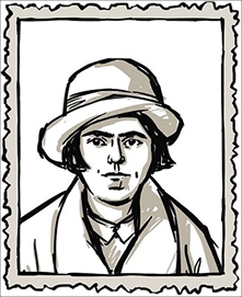 Schwarz-weiße Skizze einer Person mit kurzen Haaren, die einen breitkrempigen Hut und einen Mantel trägt, umrahmt von einem wellenförmigen Rand. Die Figur hat einen neutralen Ausdruck. Schwarz-weiße Skizze einer Person mit kurzen Haaren, die einen breitkrempigen Hut und einen Mantel trägt, umrahmt von einem wellenförmigen Rand. Die Figur hat einen neutralen Ausdruck.