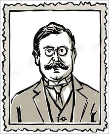 Schwarz-Weiß-Illustration eines Mannes mit runder Brille, dickem Schnurrbart und kurzen Haaren, der Anzug und Krawatte trägt, eingerahmt von einem gezackten Rand. Schwarz-Weiß-Illustration eines Mannes mit runder Brille, dickem Schnurrbart und kurzen Haaren, der Anzug und Krawatte trägt, eingerahmt von einem gezackten Rand.